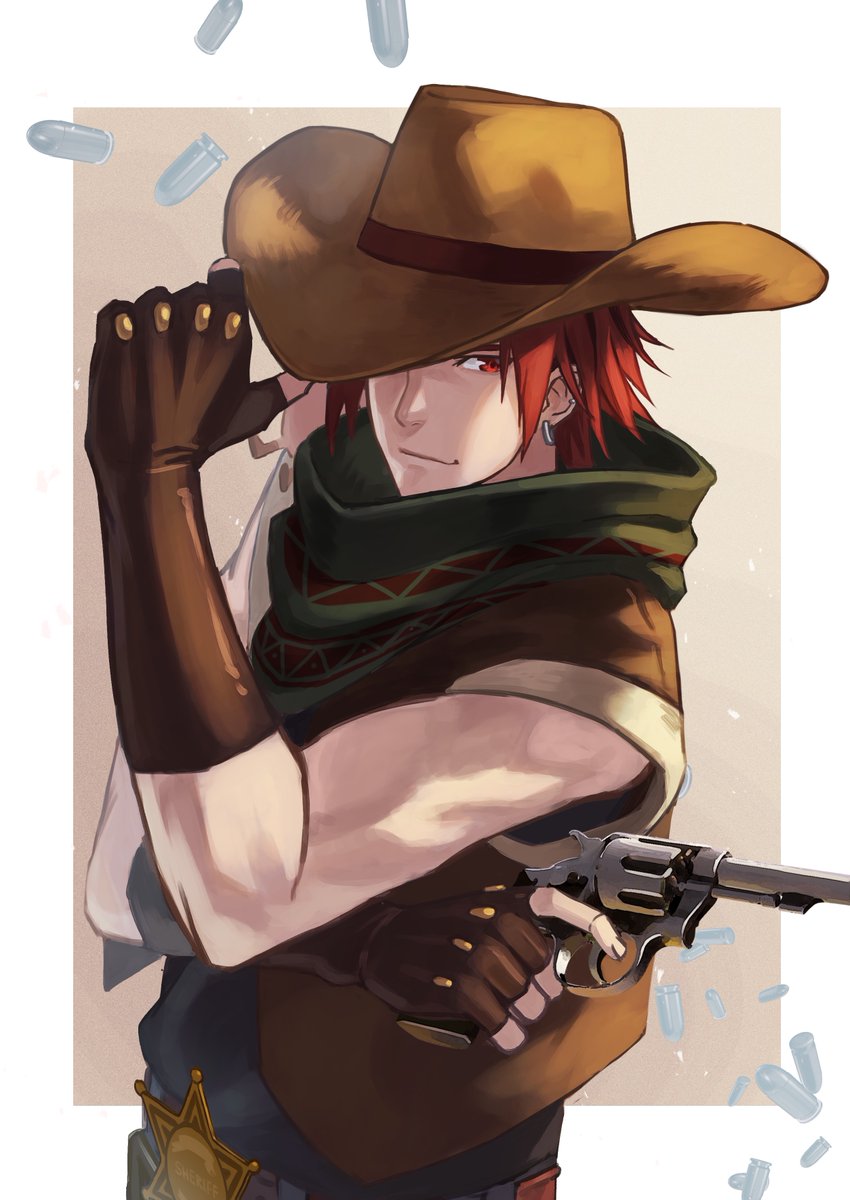 1boy weapon male focus gun cowboy hat hat solo  illustration images