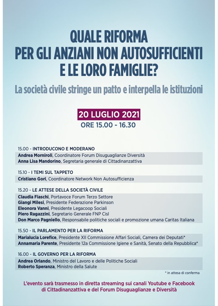 Oggi alle 15.00 sarà presentato il #Patto sottoscritto da  35 realtà della società civile per dialogare con le istituzioni e delineare #insieme la riforma del sistema per la #NonAutosufficienza 

⏰ secondowelfare.it/news/quale-rif… 

#20luglio <a href="/Cittadinanzatti/">Cittadinanzattiva APS</a> <a href="/DD_Forum/">Forum Disuguaglianze Diversità</a> <a href="/LuoghiDellaCura/">I luoghi della cura</a>