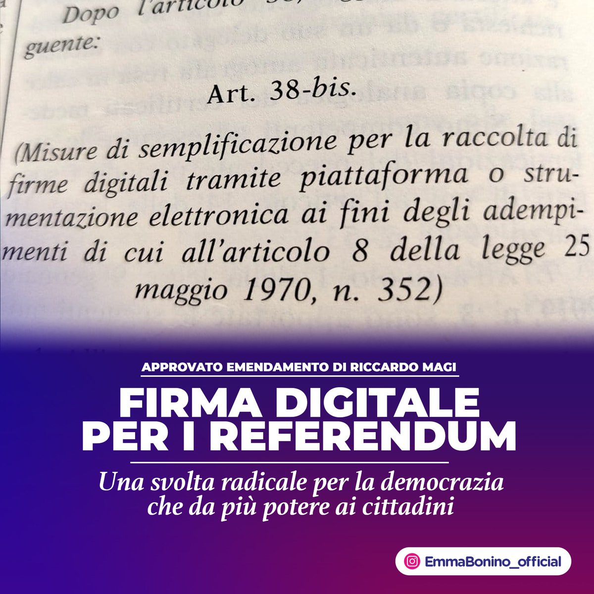 Stanotte le Commissioni Affari costituzionali e Ambiente hanno approvato emendamento al Dl Semplificazioni presentato da <a href="/riccardomagi/">Riccardo Magi</a> che finalmente consentirà di sottoscrivere i referendum con firma elettronica qualificata. È un grande passo per la democrazia e per i cittadini