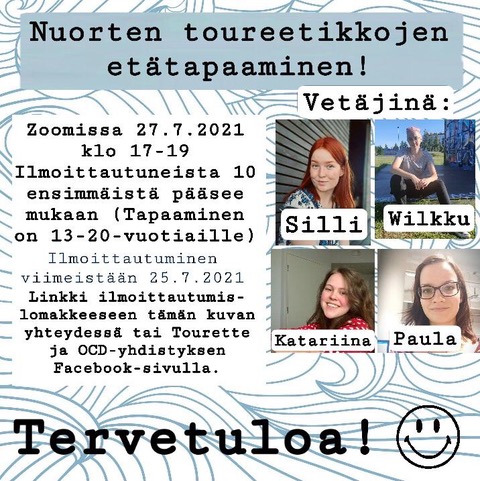 STOySuomi's tweet photo. Ensi viikon tiistaina on ensimmäistä kertaa nuorten toureetikkojen oma virtuaalivertaistukiryhmä. Tapaaminen on tarkoitettu 13-20-vuotiaille ja 10 ensimmäistä ilmoittautunutta mahtuu mukaan :)

Ilmoittautuminen tämän linkin kautta: https://t.co/59nYmJPySZ

#Tourette #STOy https://t.co/w9IhmDcEEx