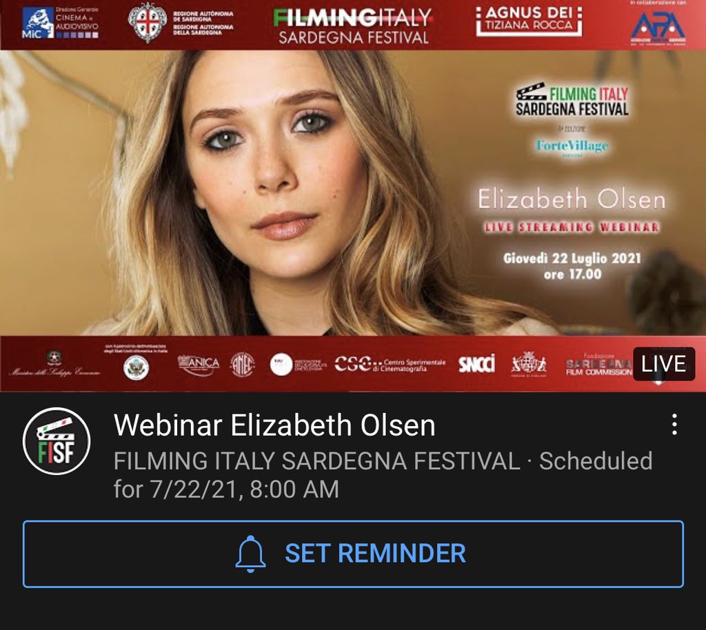 eolsenarchive's tweet image. Elizabeth Olsen will be making an appearance at the Filming Italy Sardegna Festival YouTube Webinar on July 22