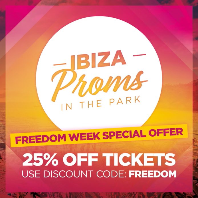 To celebrate FREEDOM DAY Ibiza Proms In The Park - Solihull are offering you 25% OFF Ibiza Proms in the Park tickets! Simply use discount code FREEDOM at tkt.to/ibizaproms (Note - Offer valid for 1 week only) @visit_solihull @meeshjohn