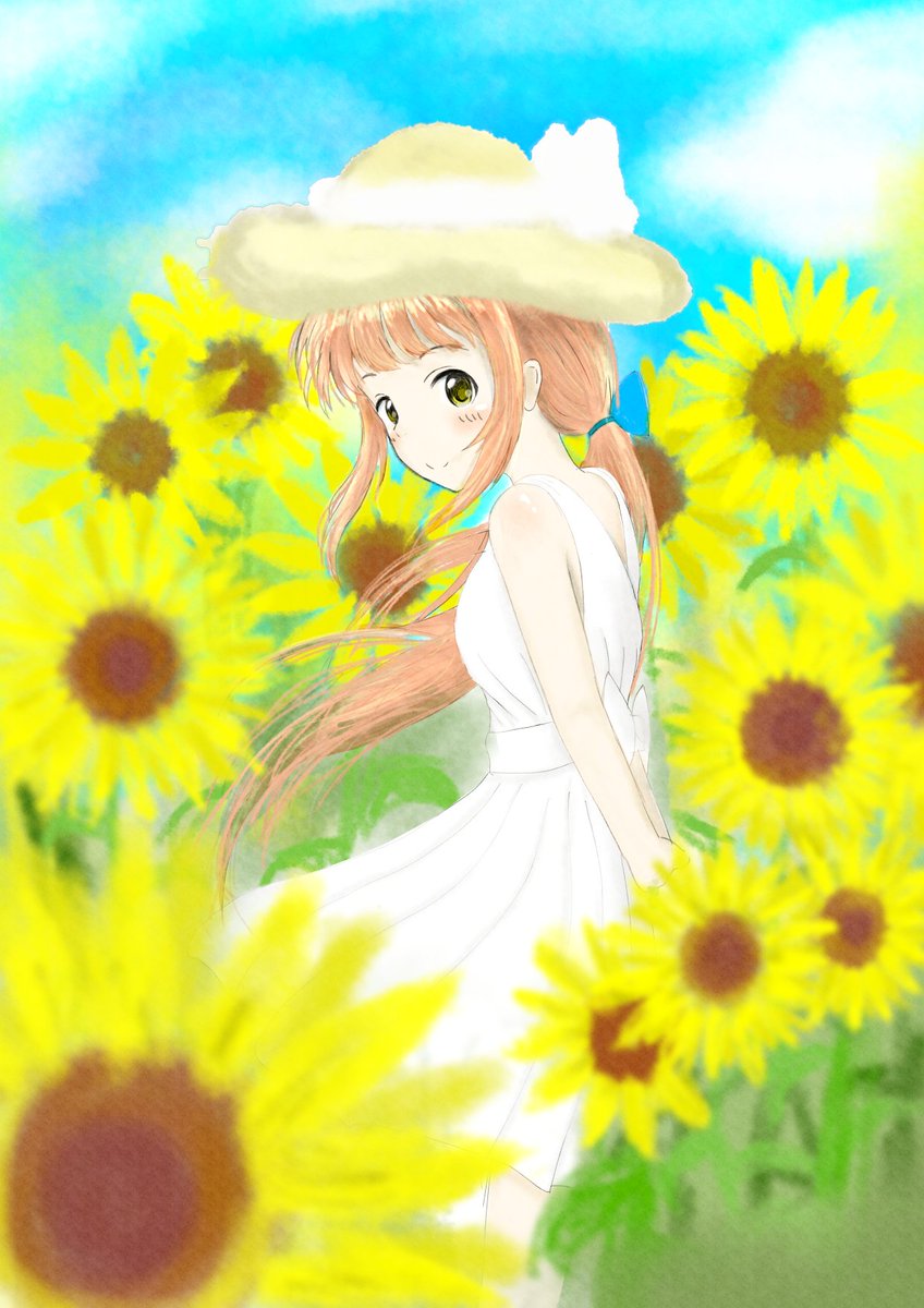 夏と言えば白ワンピースに麦わら帽子と向日葵 Yor 青空よら サブ垢に籠もり中 のイラスト