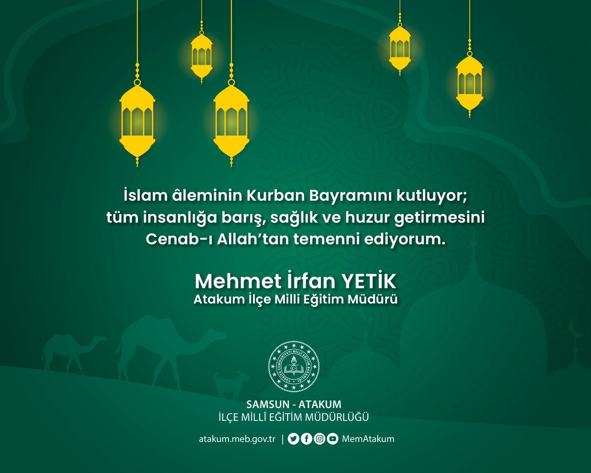 İslam âleminin #KurbanBayramı'nı kutlar;
 tüm insanlığa barış, sağlık ve huzur getirmesini Cenab-ı Allah’tan temenni ederiz...

Atakum İlçe Milli Eğitim Müdürlüğü 

atakum.meb.gov.tr