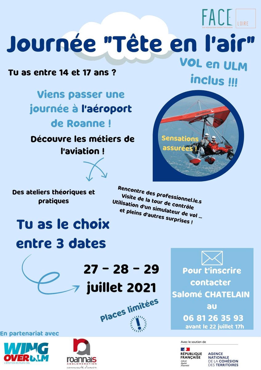 [Quartier d'été]

Une journée de découverte des métiers de l'aviation pour les jeunes Roannais de 14 à 17 ans.

Pour s'inscrire ou en savoir plus appeler Salomé au 06 81 26 35 93.