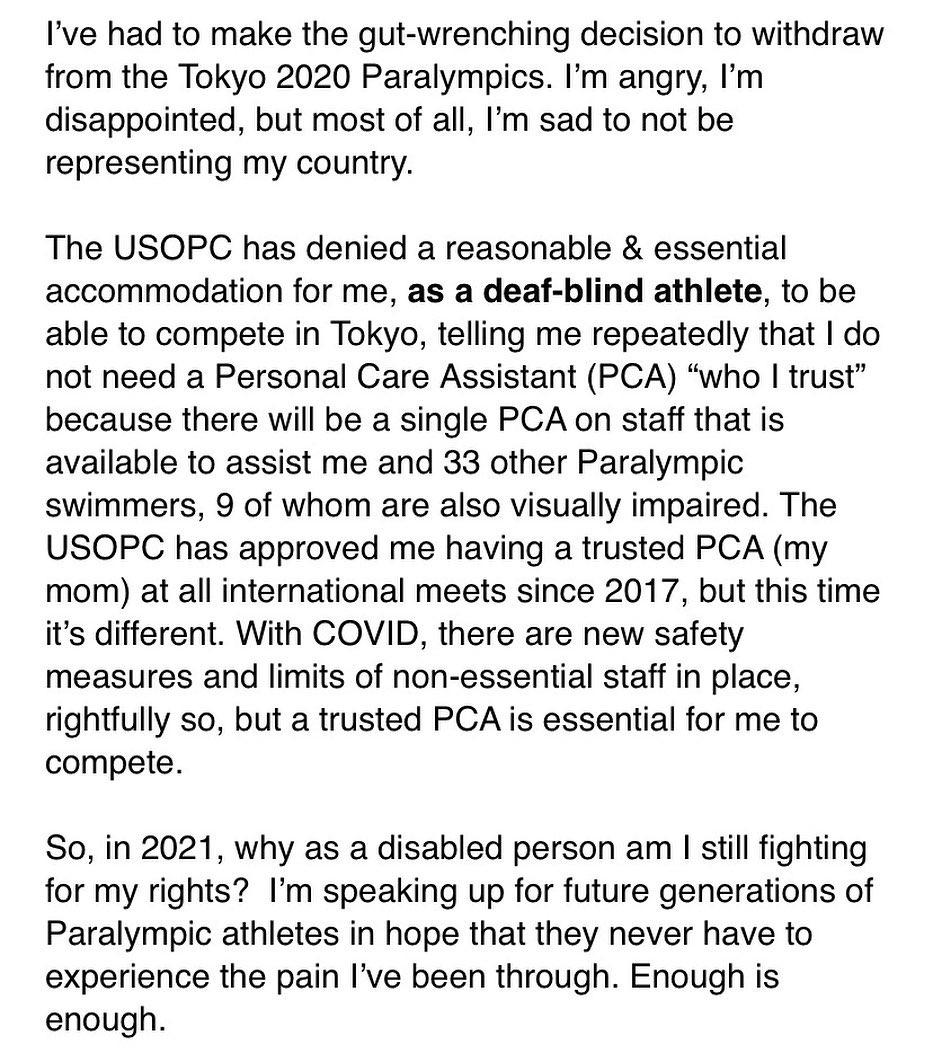 BleacherReport's tweet image. Becca Myers, who is deaf and blind, has withdrawn from competing in the Paralympics in Tokyo after a committee denied her request to bring her mother, who is her personal care assistant