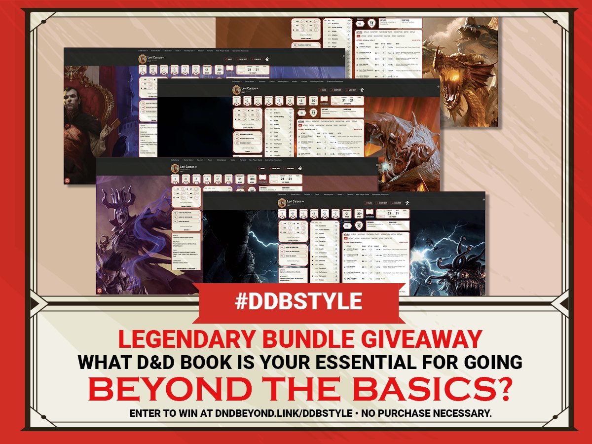 Text reads: #DDBStyle. Legendary bundle giveaway. What D&D Book is your essential for going beyond the basics? Enter to win at dndbeyond.link/ddbstyle No purchase necessary.