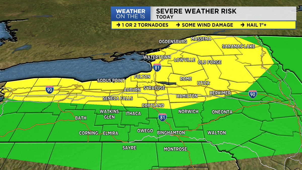 AlecZuch's tweet photo. We have a slight risk for severe weather today. The main area of focus will be the North Country and areas along the Thruway.

Damaging winds, hail, localized flooding/flash flooding are all concerns. Stay weather aware late afternoon/early evening! 

@SPECNews1CNY #WxOnThe1s https://t.co/2AUs842QFM