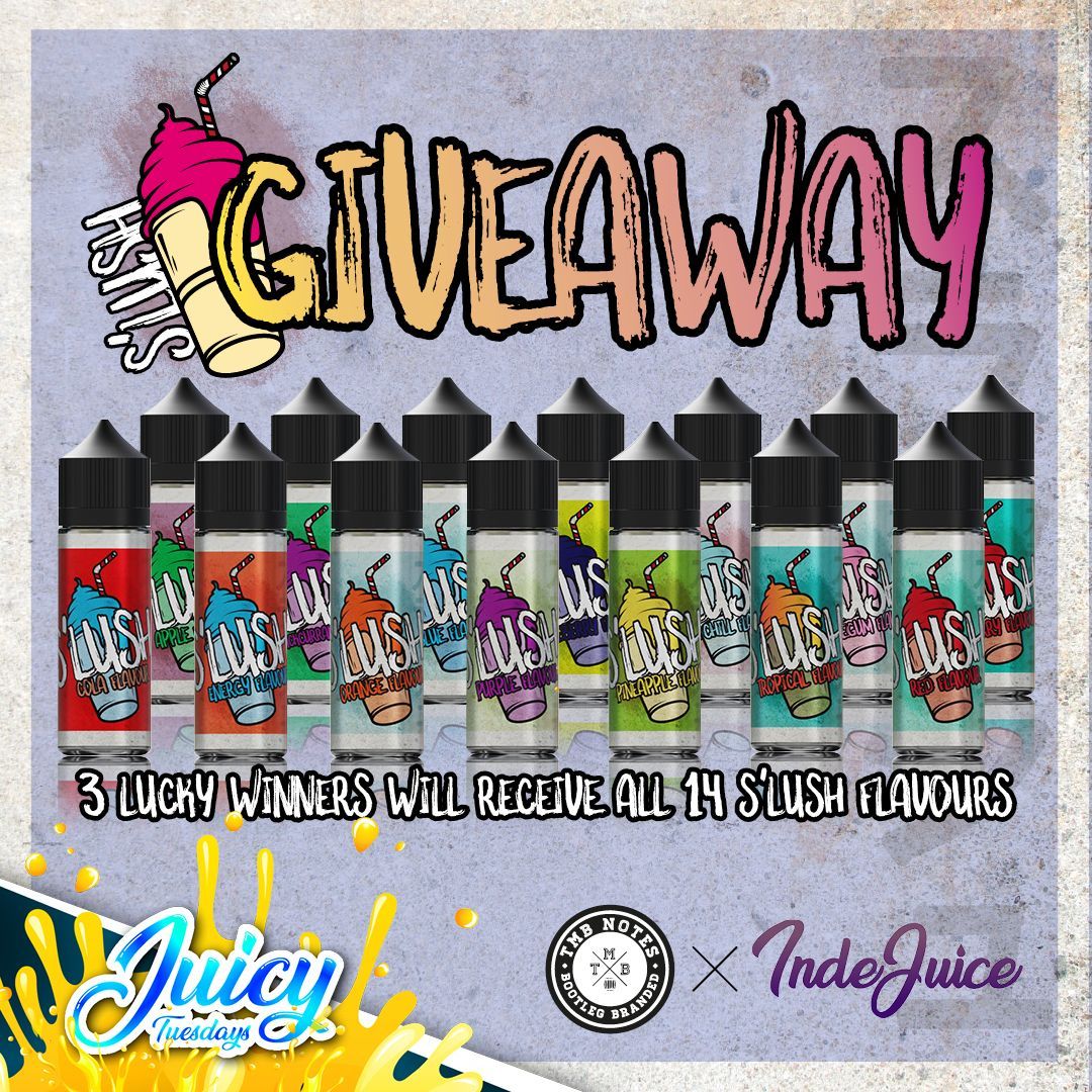 It's Juicy Tuesday Time At IndeJuice.com! <a href="/TMBNotes/">TMB Notes</a> have given the chance for 3 lucky winners to get the hands on their S'LUSH brand! Winners will receive 14 S'LUSH Flavours!

Simply: 
1. Like &amp; Retweet The Post 
2. Follow <a href="/TMBNotes/">TMB Notes</a> &amp; <a href="/IndeJuice/">IndeJuice</a>   
3. Tag your friends