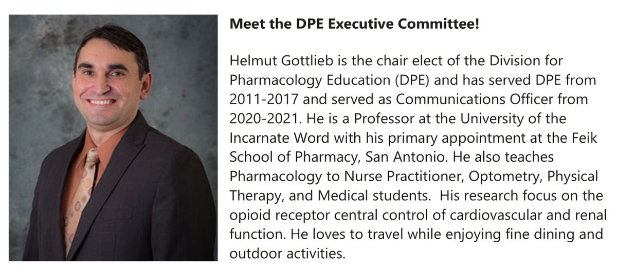 ASPET's tweet photo. Meet the DPE Executive Committee! Helmut Gottlieb is the chair elect of the Division for Pharmacology Education (DPE) and has served DPE from 2011-2017 and served as Communications Officer from 2020-2021. #ASPETDPE https://t.co/Bjoxg4JLo6