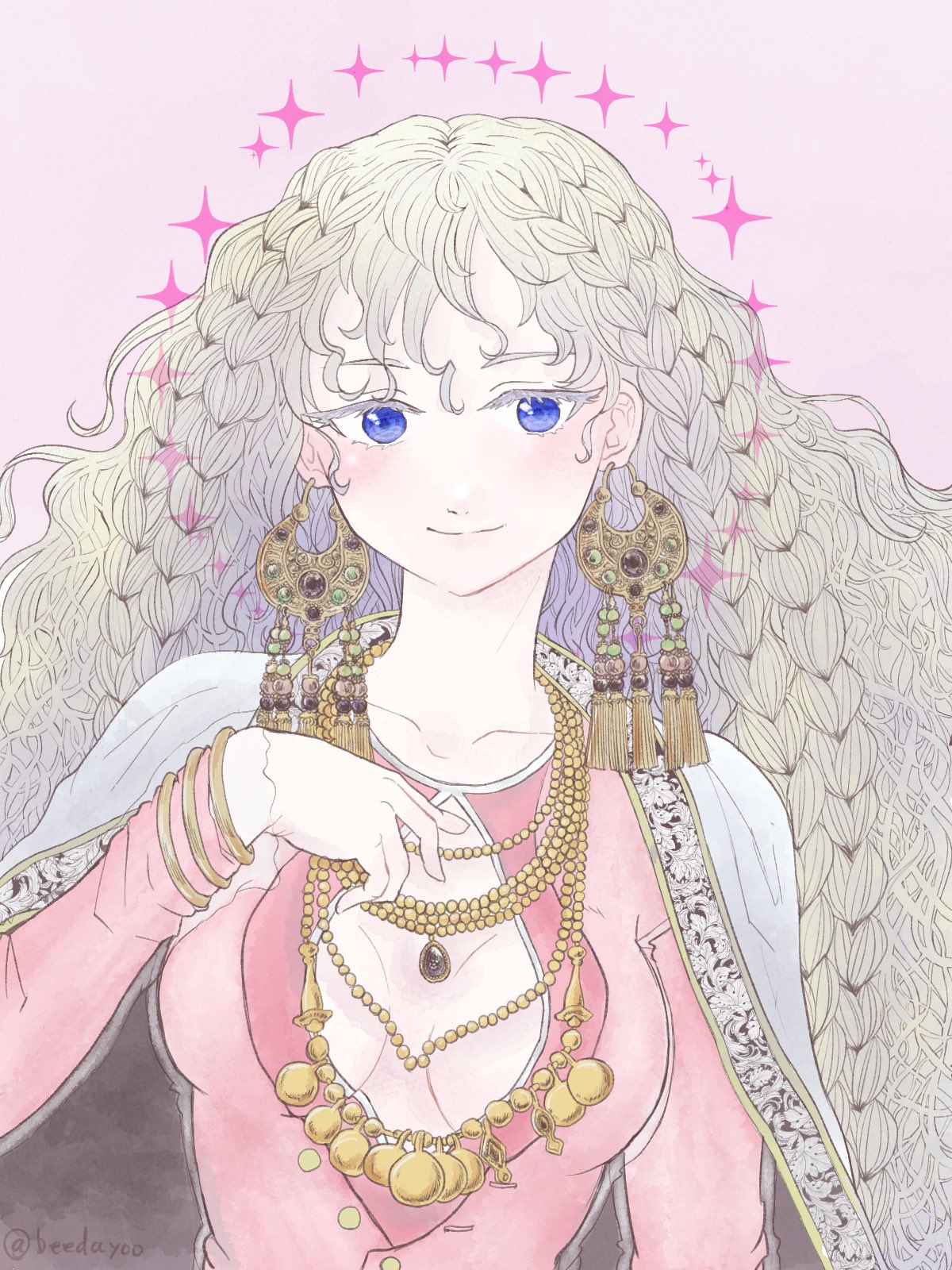 べぇ ペルシャの幻術師のナンを描きました 髪の毛とピアスの線画は頑張りました 肩掛けの模様は力尽きて素材です この漫画を描いてる蔵西先生の描き込みがめっちゃすごいんですよ あの描き込みで週間連載なんだぜ お話も面白いので興味がある方は