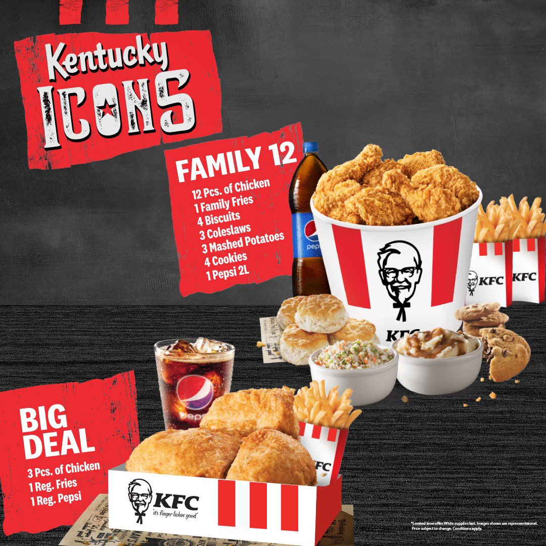 kfcjamaica's tweet photo. Mealtime like a star⭐ with an ICONS🤩 Deal 🍗🙌
Gather with your loved ones and enjoy a Family 12 OR just do YOU with a BIG Deal TODAY ✨👍
#KFCIcons https://t.co/yrqqli5hNm