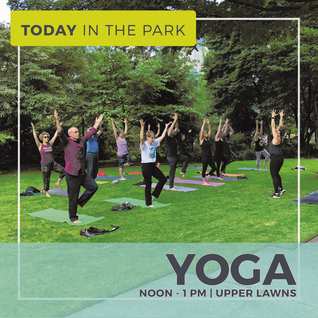 No matter your experience with yoga, come ground into the grass, stretch up to the trees, and breathe during your lunch break today!