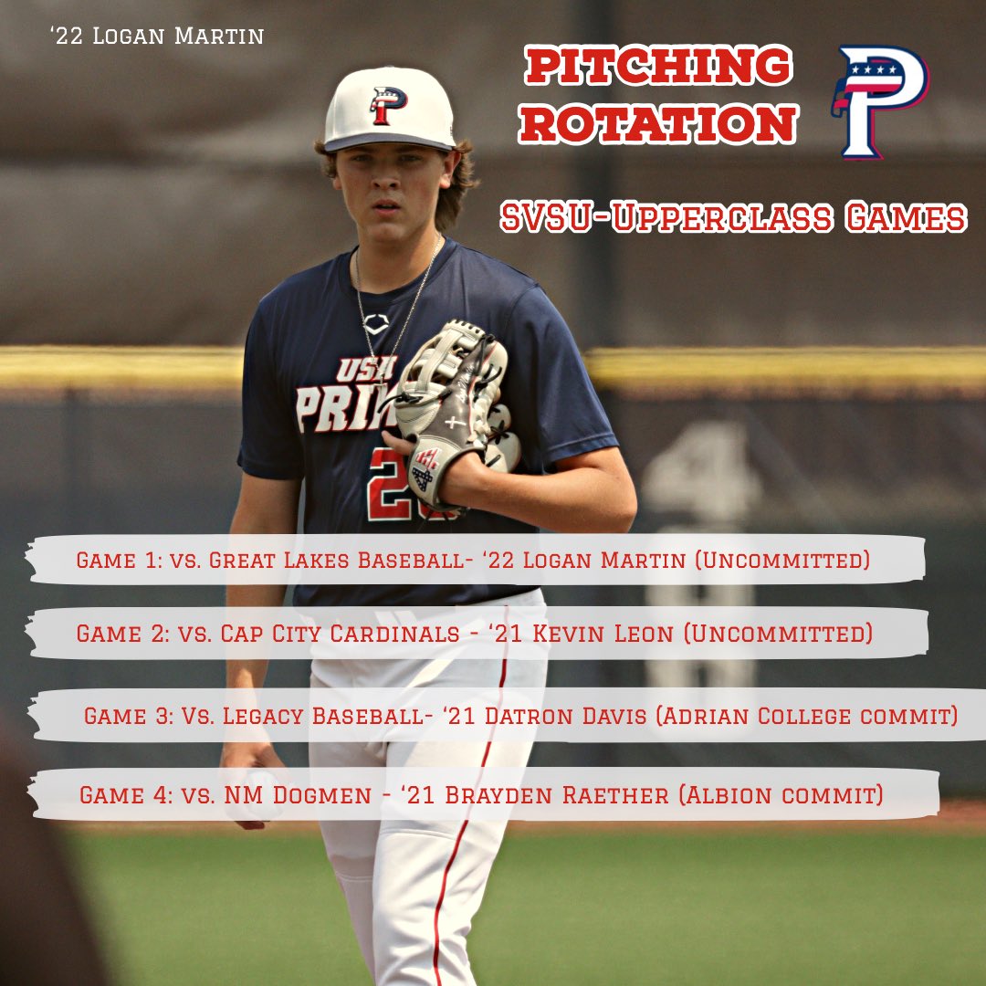 One last ride with the boys at <a href="/PastimeBaseball/">Pastime Tournaments</a> SVSU-Upperclass games this weekend! 

Game 1: <a href="/loganmartin282/">logan martin</a> 
7/23-3:45pm 
@ Olson Field

Game 2: Kevin Leon
7/24-9:00am
@ SVSU

Game 3: Datron Davis
7/24-11:15am
@ SVSU

Game 4:<a href="/BraydenR1823/">Brayden Raether</a> 
7/25-1:30pm
@ SVSU

<a href="/USAPrimeMI/">USA Prime Michigan Baseball & Softball</a>