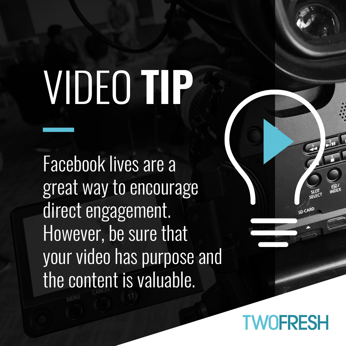 two_fresh's tweet image. ⭐📹 TWOFRESH VIDEO TIP 📹⭐

A tip on how purposeful Facebook lives can boost engagement with your audience. 

#twofresh #videotips #facebooklives #videomarketing #videoproduction #videocontent