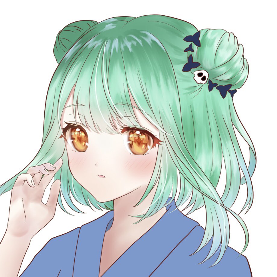 uruha rushia 1girl hair bun solo double bun green hair hair ornament kimono  illustration images