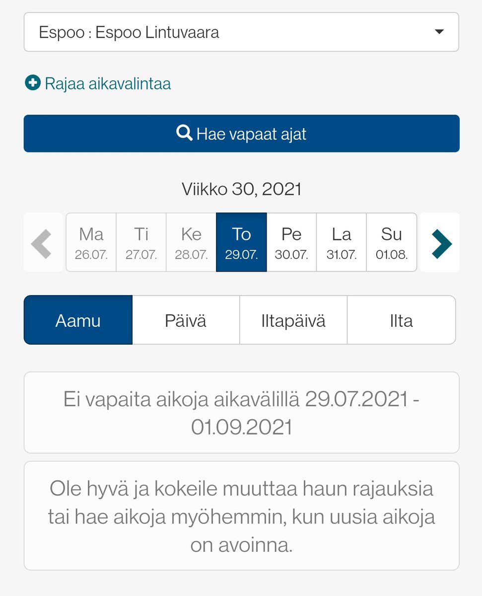 markusvir's tweet photo. @Espoonsote Selittäkääpä nyt miksi samasta paikasta osa saa tarjolle lukuisia aikoja (esim. 19.8. ja 20.8.), kun taas toisille ei tule mitään tarjolle, kun samaan aikaan yrittää löytää aikaisempaa aikaa. https://t.co/fed8hwjA9k