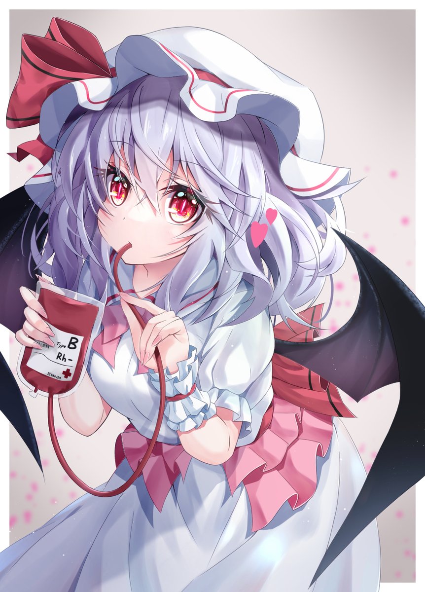 remilia scarlet blood bag 1girl solo hat wings red eyes blood  illustration images