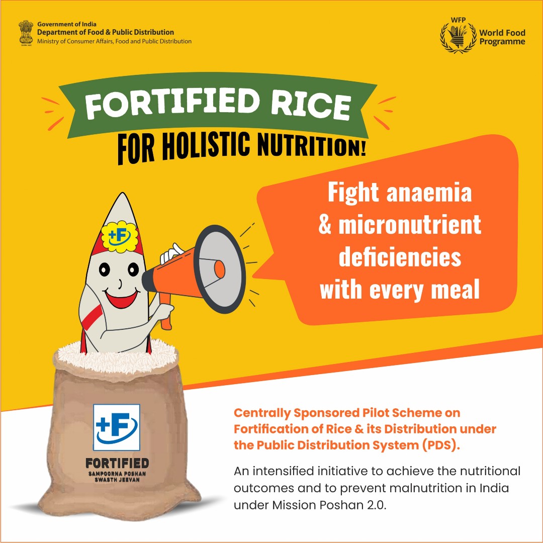 To address anaemia & malnutrition & to strengthen  POSHAN Abhiyaan Government of India is implementing Centrally Sponsored Pilot Scheme on Fortification of Rice & its Distribution under the PDS. Adopt Fortified rice for holistic nutrition.
#SahiPoshanDeshRoshan #Ricefortification