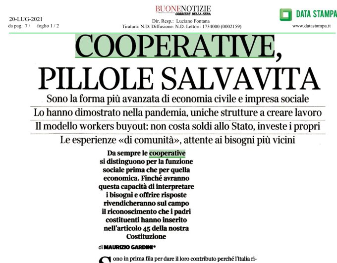 Confcooperativ1's tweet photo. #Gardini su @CorriereBN le #cooperative si distinguono per la funzione sociale prima che economica Finché avranno la capacità di interpretare i bisogni e offrire risposte rivendicheranno il riconoscimento previsto all’art 45 della #Costituzione (leggi l'integrale sul quotidiano) https://t.co/yLlMkxwISy