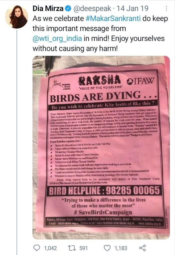On Makar Sankranti, <a href="/deespeak/">Dia Mirza</a> is concerned about ‘dying birds’. On Eid-Ul-Adha, she is busy giving Qurbani, hence absolute radio silence! #BakraLivesMatter