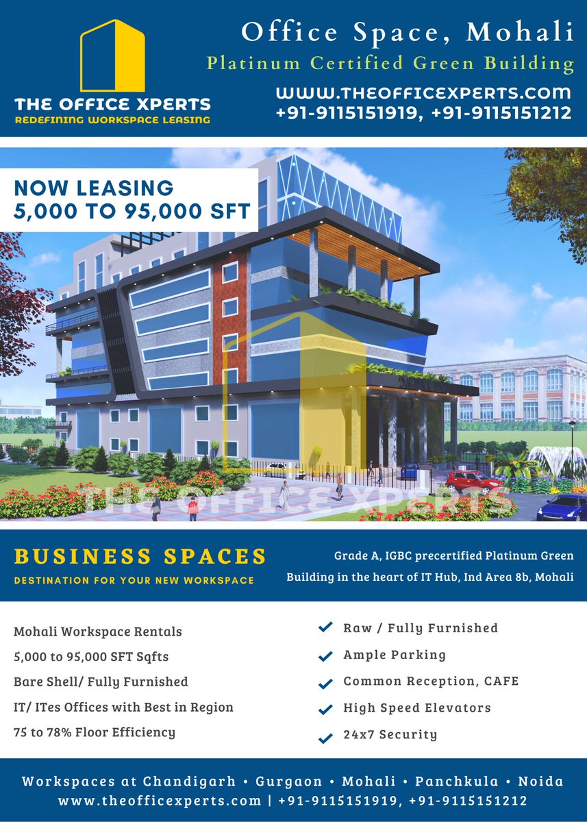 srchofficespace's tweet photo. Now Leasing #OfficeSpace | #realestate in mohali ... Starting #Business / #work spaces from 5000 to 95000 SFT | #Raw to #Plugnplay #FullyFurnished | #Contact us @ +91-9115151919 @theofficexperts 

#greenbuilding #cre #commercialrealestate #property https://t.co/KkRzQVyFfd