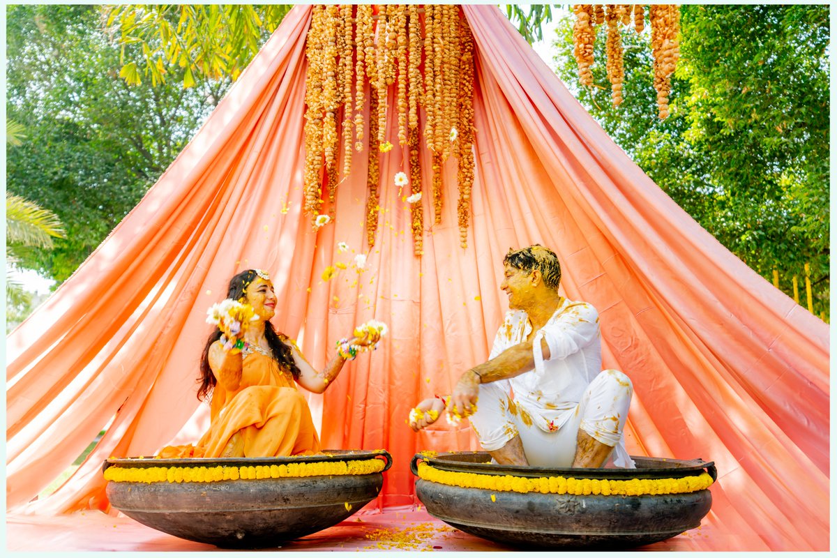 WeddingsAtTaj's tweet photo. Our gorgeous couple Rashin &amp; Riddhima  embracing their magical moments at the royal @JaiMahalPalace
Photographer: Saurabh
Event Planners: itswdne
Make Up - Natasha Singh
#TimelessWeddingsAtTaj #TimelessMoments #TimelessBeauty #LoveStory #HaldiCeremony #HaldiDecor #BeautifulDecor https://t.co/lUCZXn0stI
