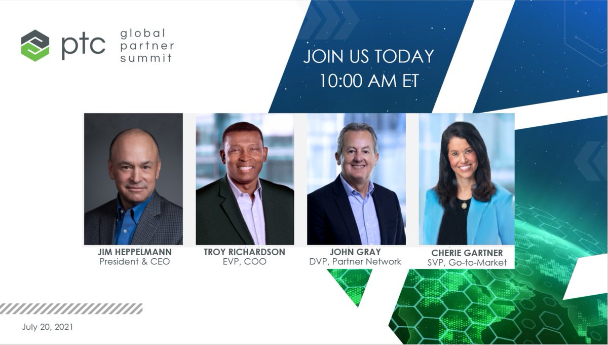 jgray_PTC's tweet photo. Today is the day of our #FY21PTCPartnerSummit and we’re excited to share a day of learning, awards and partnership with all of our attendees! Tune in at 10am ET #DigitalTransformation #Chargeyourfuture #SolutionProviders  #GSI  #TechnologyProviders 
https://t.co/iZ3YJgyWlG https://t.co/tAuHh9hAkX