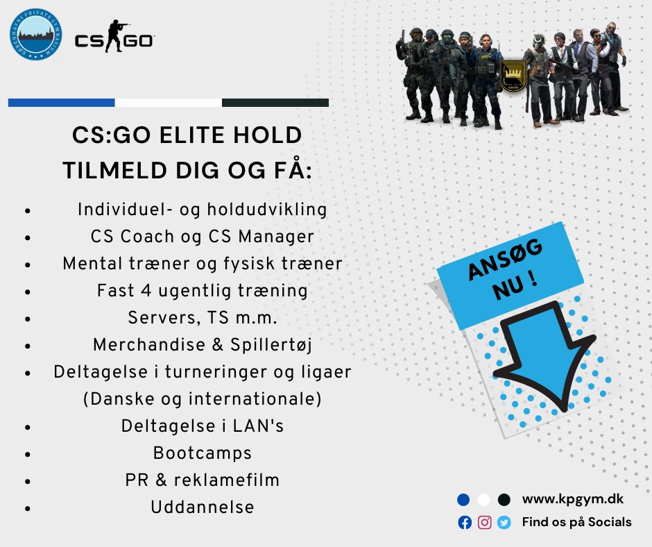 ⌛Hvem skal være med på CSGO 🔫 Elite hold fra august? 

Se hvad du kan få ved at gå på KPG Esport – CSGO på billedet 👇

Tilmelding sker via kpgym.dk/undervisning/e… 
Har I spørgsmål, så skriv direkte til os via PM👉
 
Glædelig sommer og ☀️
Vi ses til august 🤠

#KPG #CSGO