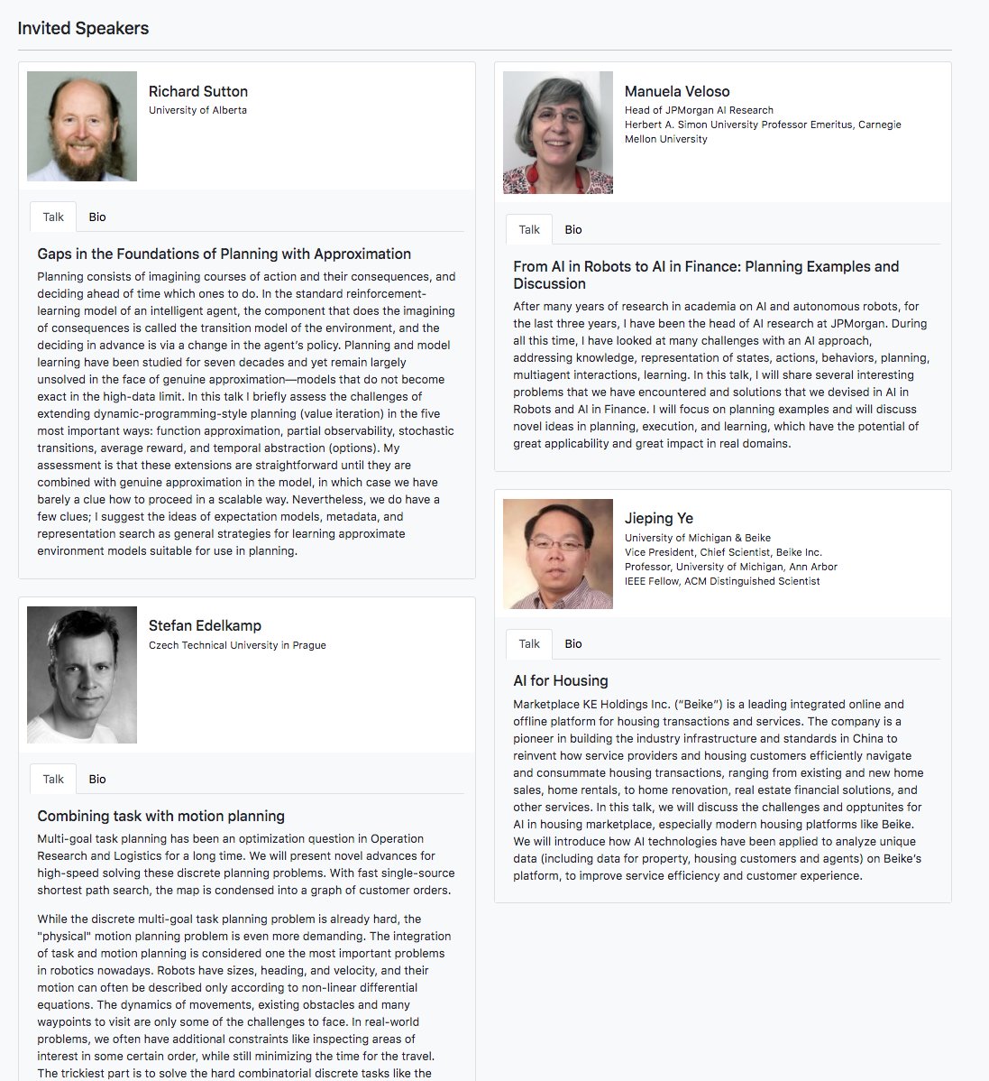 Quite the exciting slate of invited speakers at #ICAPS2021! Rich Sutton, Manuela Veloso, Stefan Edelkamp and Jieping Ye. Registration: icaps21.icaps-conference.org/registration/