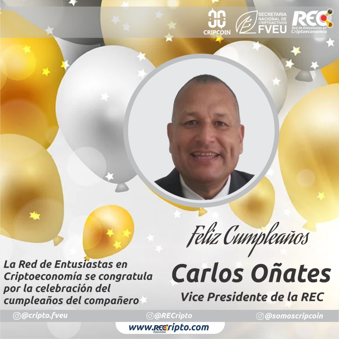 RECripto's tweet photo. La Red de Entusiastas en Criptoeconomía se congratula por la celebración del cumpleaños del compañero 

Carlos Oñates @conatesn 
Vice presidente de la #REC

¡Te deseamos un feliz cumpleaños!🥳 🎂

#CelebraciónREC
#FelizCumpleaños #20julio #criptoentusiasta
#Venezuela 🇻🇪 https://t.co/41t3rXm1ZV