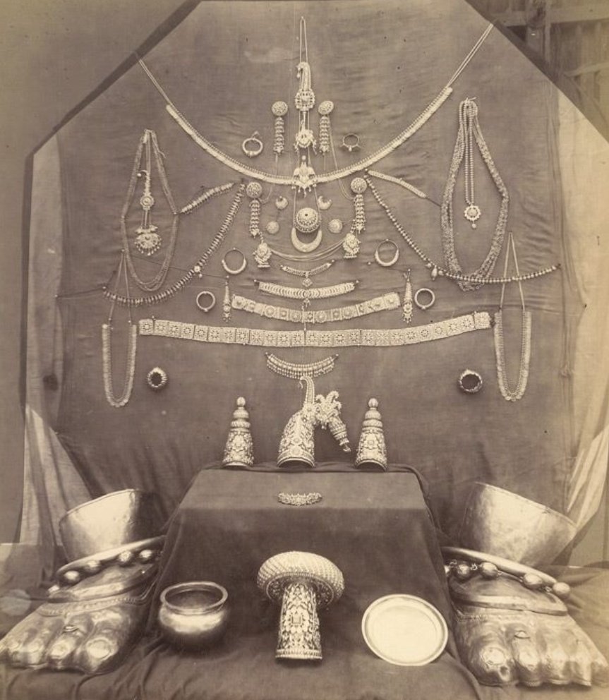 A rare photograph of an arrangement of the Divine Jewelleries of Sri Ranganatha Swamy, Srirangam,from 1895.