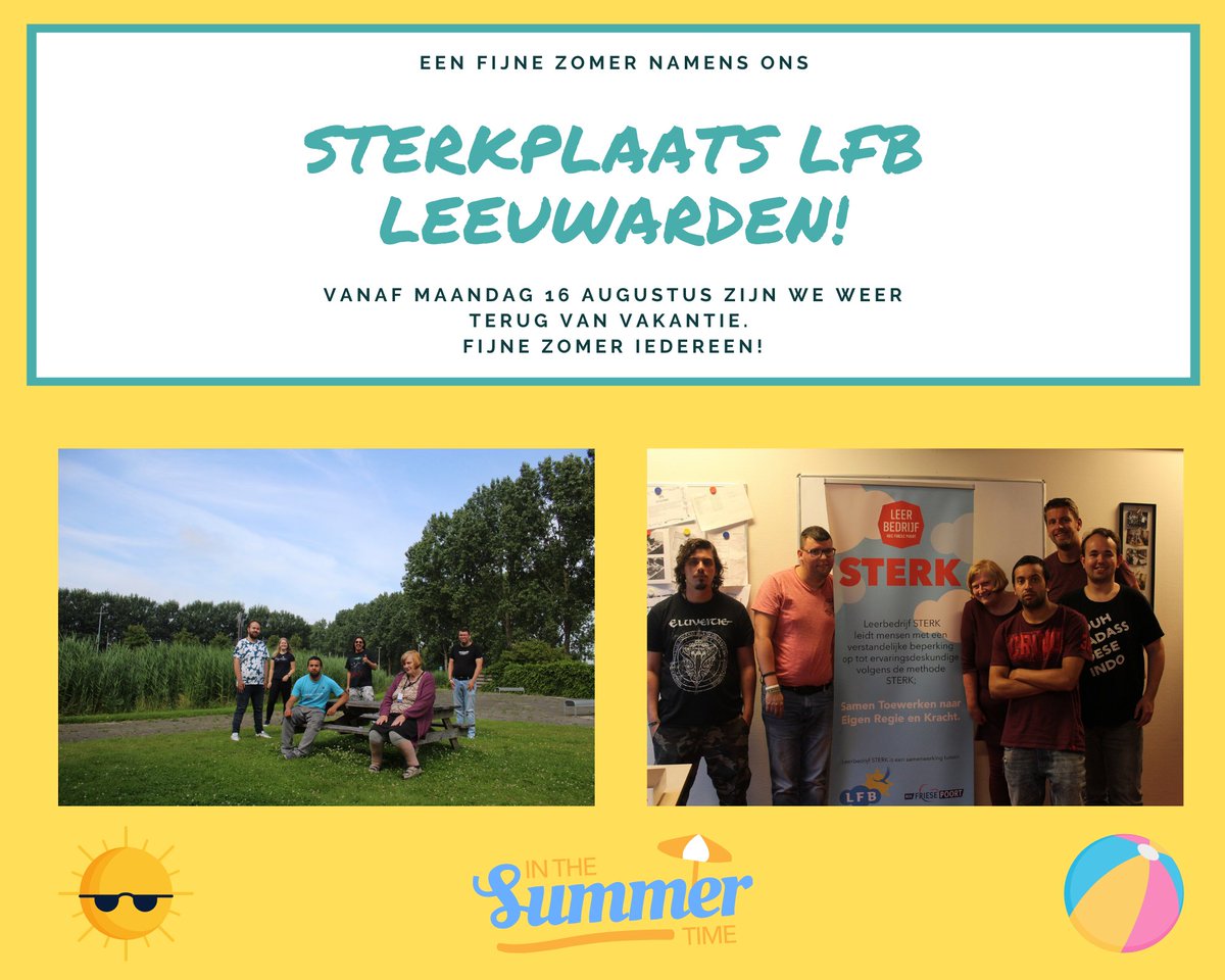 Vandaag was onze laatste werkdag!

Namens sterkplaats LFB Leeuwarden wensen wij jullie een fijne zomervakantie toe. 

Wij zijn vanaf maandag 16 augustus weer open. 

#sterk #doorenvoor #LFBLeeuwarden #zomervakantie  #Leeuwarden