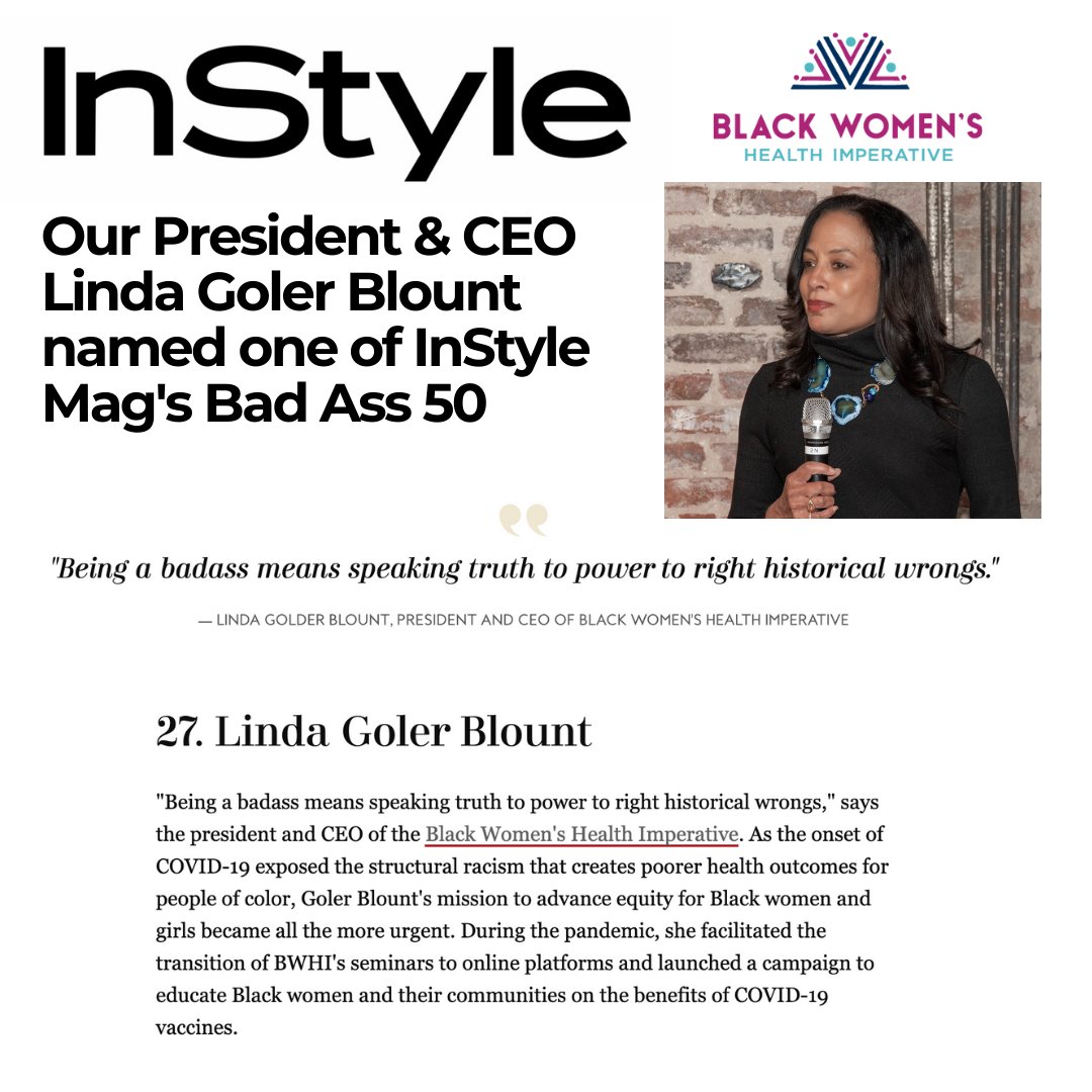 Our president and CEO @lindagblount has been named one of @InStyle Magazine's Badass 50! 👏🏾🔥 Let's all take a moment to celebrate @lindagblount for the work she does to ensure health equity for black women and girls each and every day. 💜