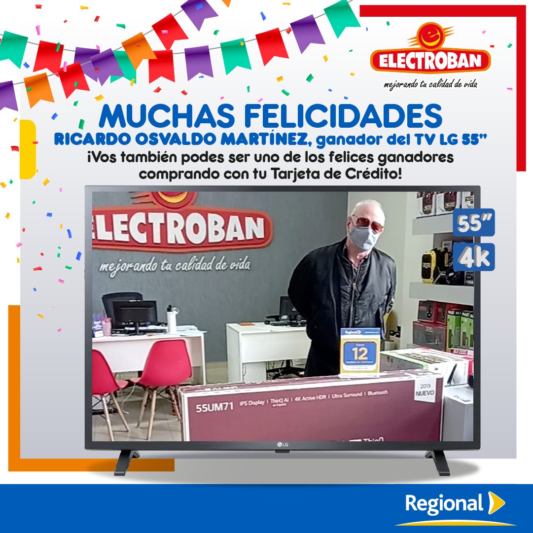 electrobanpy's tweet image. Muchas Felicidades 🥳Ricardo Osvaldo Martínez, ganador del TV LG 55”🖥😍
¡Vos también podes ser uno de los felices ganadores
comprando con tu Tarjeta de Crédito!🎫
Regístrate en nuestra web para recibir las mejores ofertas y promociones: n9.cl/2tokh