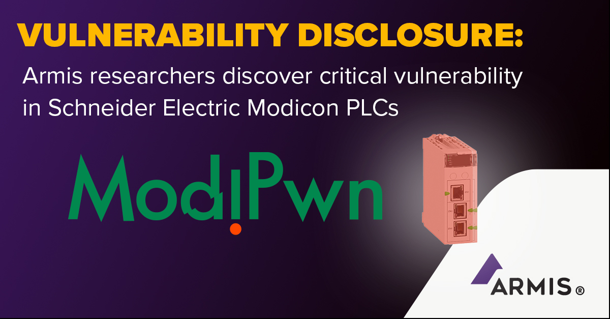 ArmisSecurity's tweet photo. Key to OT and utility environments, new vulnerabilities in Modicon PLCs have been discovered by Armis researchers.  See the full research and learn what you can do to protect both IT &amp; OT devices: https://t.co/f0aCjc1ZXS  
#modipwn #armisresearch #vulnerabilities #modicon #OT #IT https://t.co/zmjHfQQphY