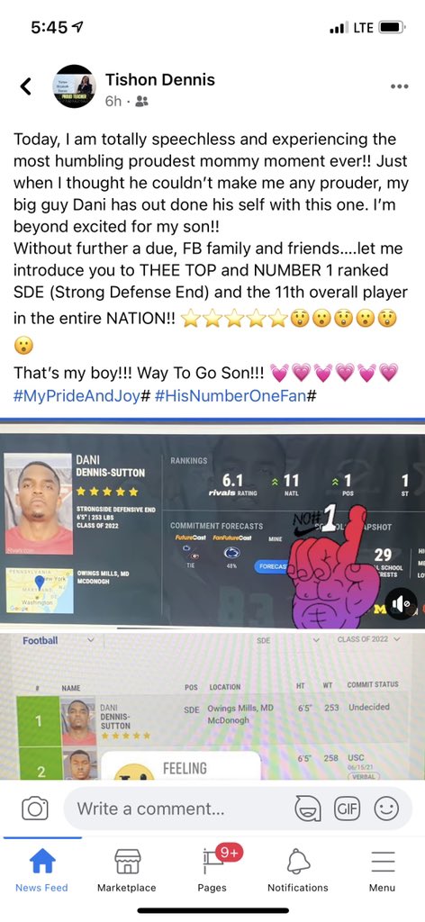 Congrats to @DaniDennis302 for his current ranking as top D-end prospect in the country! Very proud of you bud!
Pic of his proud Mama posting this new!