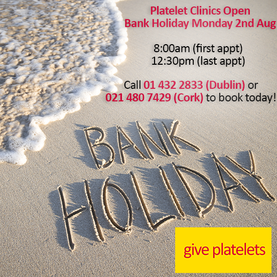 Giveblood_ie's tweet photo. Call out to platelet donors - we are open in Dublin and Cork on Bank Holiday Monday, 2nd August!!
 
WE NEED YOU! Book in today, call us on 01 432 2833 (Dub) or 021 480 7429 (Cork).

#GivePlatelets #SaveLives https://t.co/of4VWjOUog