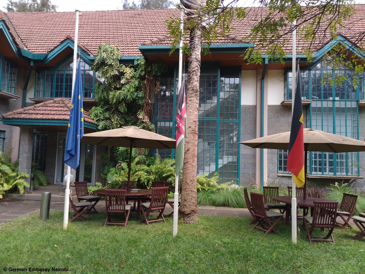 GermanyinKenya's tweet photo. Today, we fly the 🇩🇪, 🇪🇺 and 🇰🇪 flags at half-mast expressing our condolences to the flood victims in different parts of Germany &amp; its neighboring countries &amp; as a sign of solidarity with the people in the areas affected by the catastrophic floods that have wreaked so much havoc. https://t.co/5k5N0Pb2sU