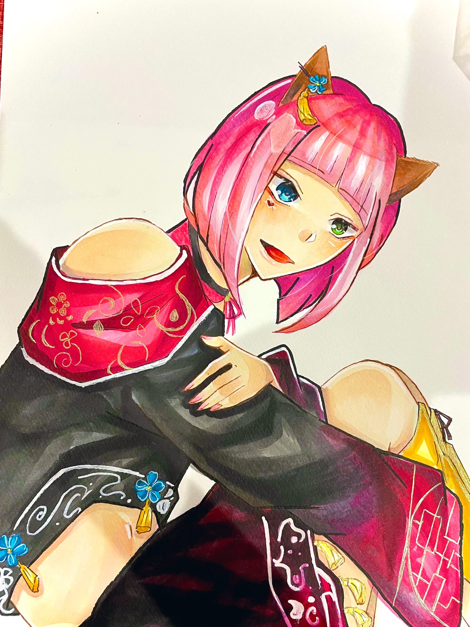 ぶっこりーちゃん１号 完成までの過程 キャラ被りデザインゲームのお題 猫耳 肩出し 前髪ぱっつんボブ 花のヘアピン オッドアイ イラスト好きな人と繋がりたい 絵柄が好みって人がいればいいなぁ コピックイラスト