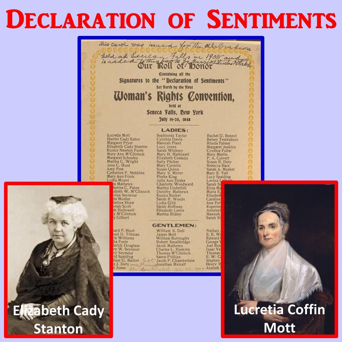 The 1st women’s rights convention was held July 19 & 20, 1848 in Seneca Falls, NY.  That convention produced The Declaration of Sentiments, a document modeled on the U.S. Declaration of Independence. It outlined the rights that American women should be entitled to as citizens. https://t.co/bKJxHpPbok