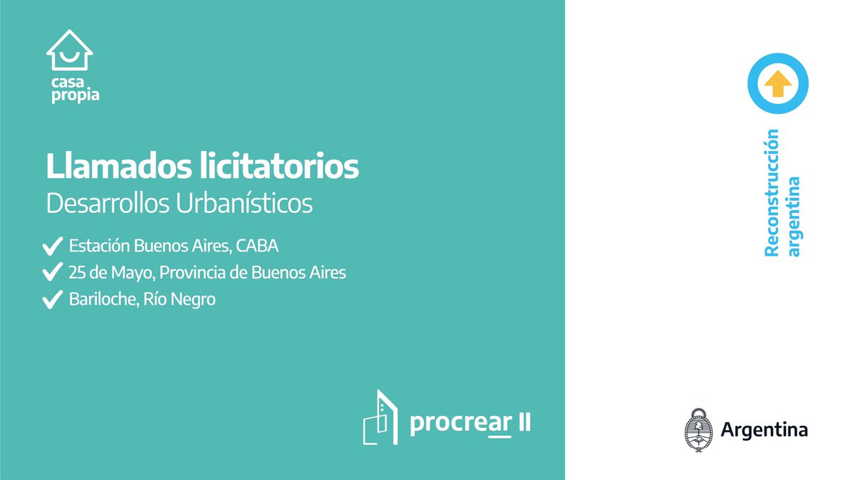 Se lanzaron licitaciones para construir 435 nuevas viviendas 👇

☑️ 240  en Estación Buenos Aires (CABA), 
☑️ 40 en 25 de Mayo (Buenos Aires) 
☑️ 155 Bariloche (Río Negro).

La inversión del Estado Nacional supera los $3.000 millones.

#ReconstruccionArgentina