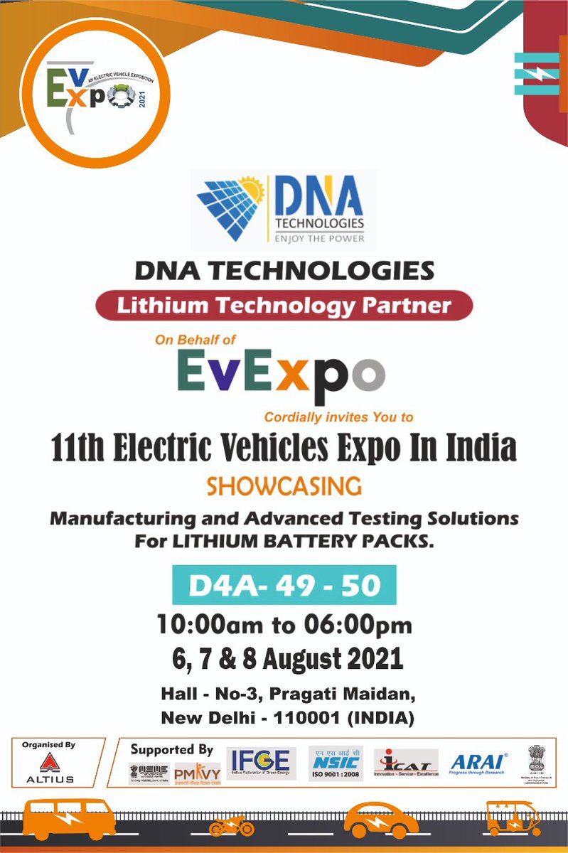 expo_ev's tweet photo. 11th ELECTRIC VEHICLES EXPO IN INDIA
VISIT: DNA TECHNOLOGIES (LITHIUM TECHNOLOGY PARTNER)
#EVExpo #EV
#GoGreen #ElectricVehicles #GReenEnergy #PollutionFreeNation
#Covid19 #UseSanitizer #StayAtHome
#DNATechnologies https://t.co/U4ijW0B9a7