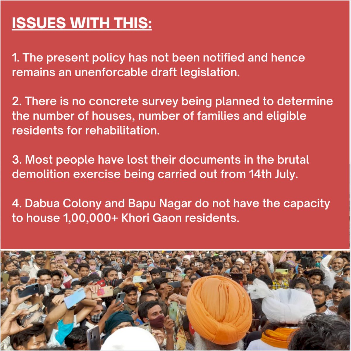 YugmaCollective's tweet photo. The Rehabilitation Policy framed by @MCF_Faridabad does more harm than good! The residents have to PAY 3.7 lacs for these flats which are not ready yet. The policy hasn't been notified. Rehabilitation happens BEFORE demolitions not after. 

This is a humanitarian crisis. https://t.co/GhHpSMrsQj
