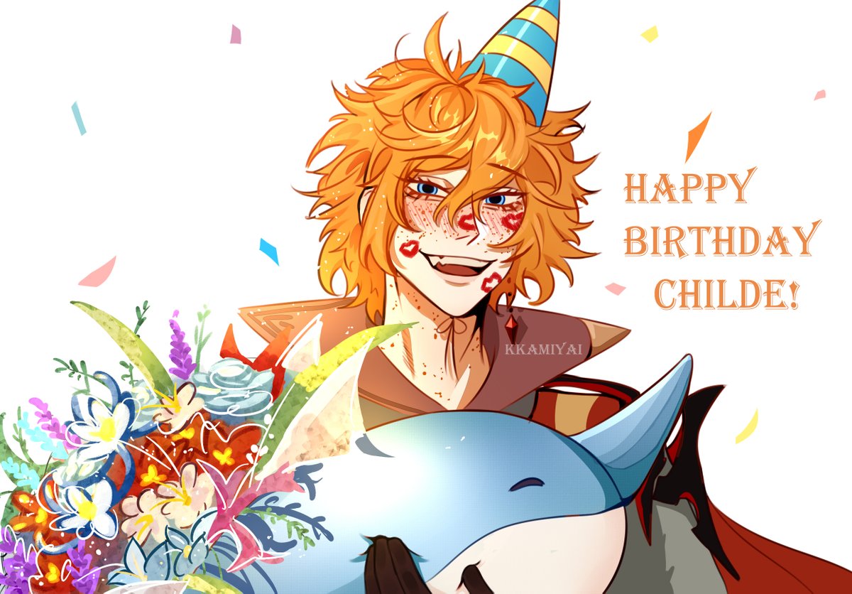 tartaglia (genshin impact) 1boy male focus party hat orange hair blue eyes hat happy birthday  illustration images