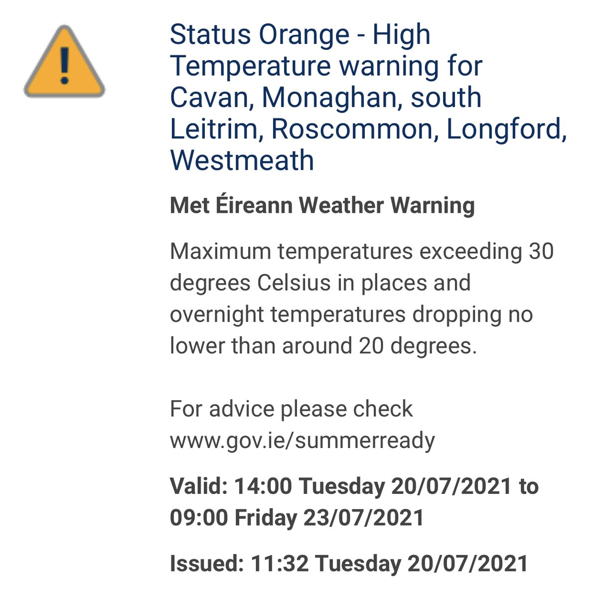 longwestlocal's tweet photo. 🟠 UPDATE - HIGH TEMPERATURE WARNING: Met Éireann has issued a Status Orange high temperature warning for Longford & Westmeath, in effect from 2pm today until 9am on Friday (23rd July).
#Longford #Westmeath #MLNWeather https://t.co/p1bZ5x1PZ5