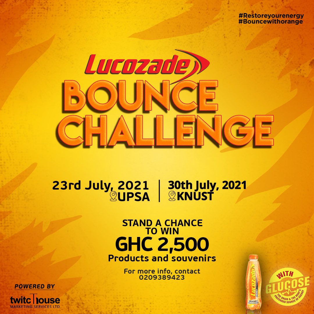 LucozadeGhana's tweet photo. Are ready for us on your campus?
Join the #BounceWithOrange train and express how you feel through moves.
#LucozadeOrange #BounceChallenge https://t.co/GzO1XzBcdA