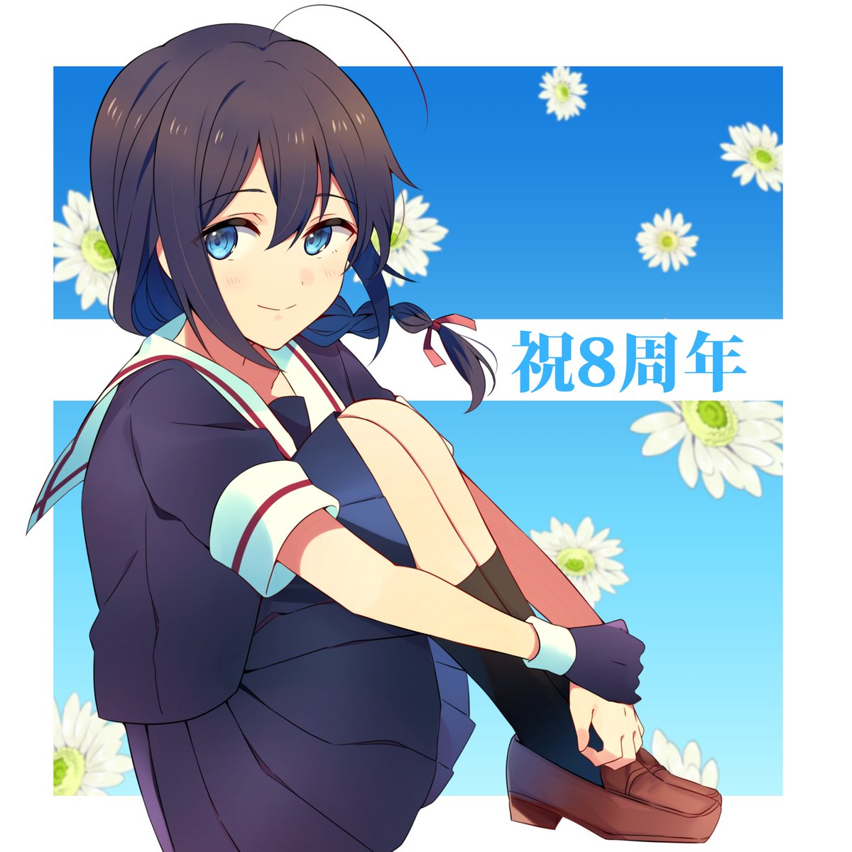 shigure (kancolle) braid 1girl blue eyes single glove gloves ahoge school uniform  illustration images
