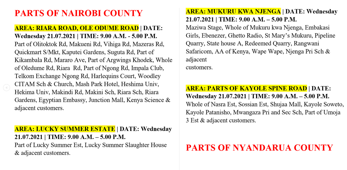 KenyaPower_Care's tweet photo. Good afternoon to our customers.

The listed areas will be affected by planned power interruptions tomorrow. The interruption is part of network maintenance. For the advance notice, use https://t.co/mzD2qgzBFc

To access the latest schedule, check under the most recent date. ^SW https://t.co/UfmKcRT1H7