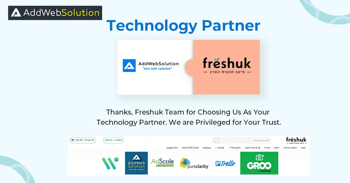 AddWebSolution's tweet image. We are excited to announce that #Freshuk - A Famous organic fruit &amp;amp; vegetables distributor in Israel, added #AddWebSolution as their Technology Partner. bit.ly/3xUwIHS
Many Thanks to our valuable clients &amp;amp; the whole Freshuk Team; we couldn’t have made it without you all.